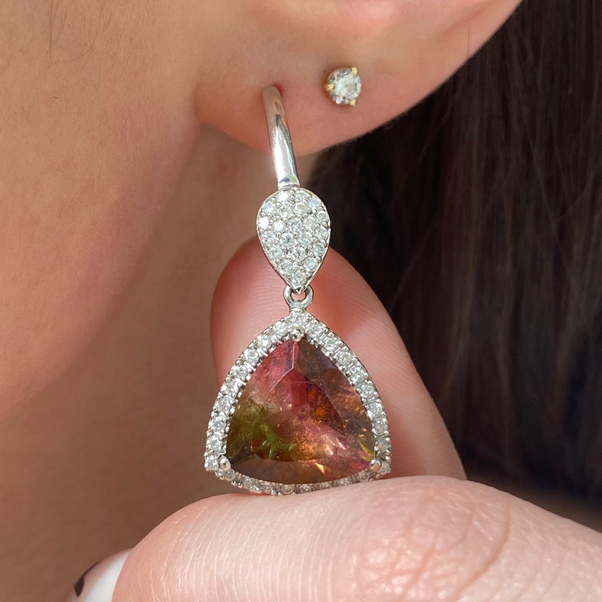 14KT White Gold Pave Diamond + Bi-Color Trillion Tourmaline Lever Back Earrings - Legacy Saint Jewelry