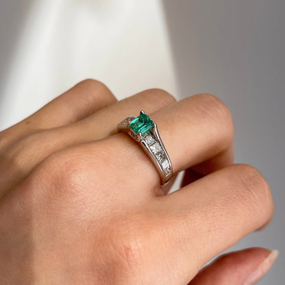 Estate 14KT White Gold .62 CT Princess-Cut Emerald + Diamond Ring