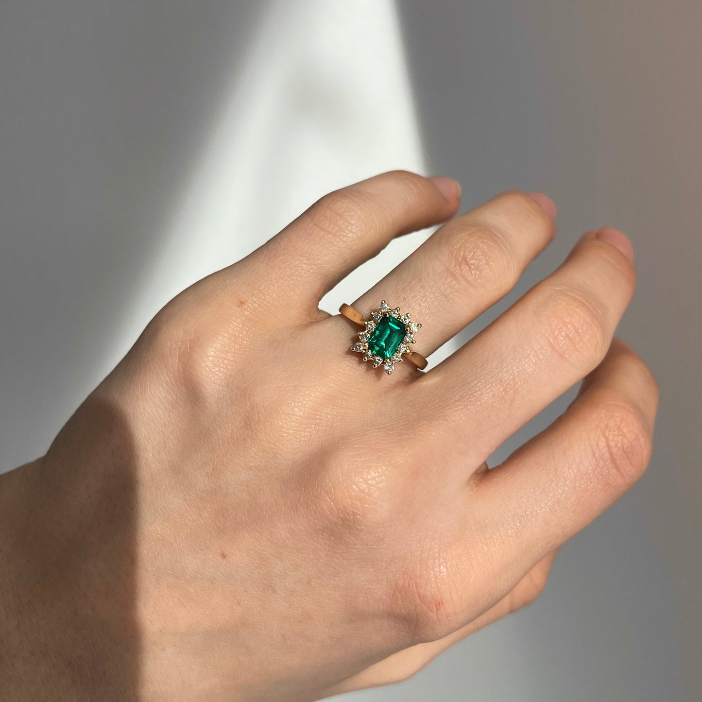 Estate 14KT Yellow Gold Emerald-Cut Lab Emerald + Diamond Halo Ring