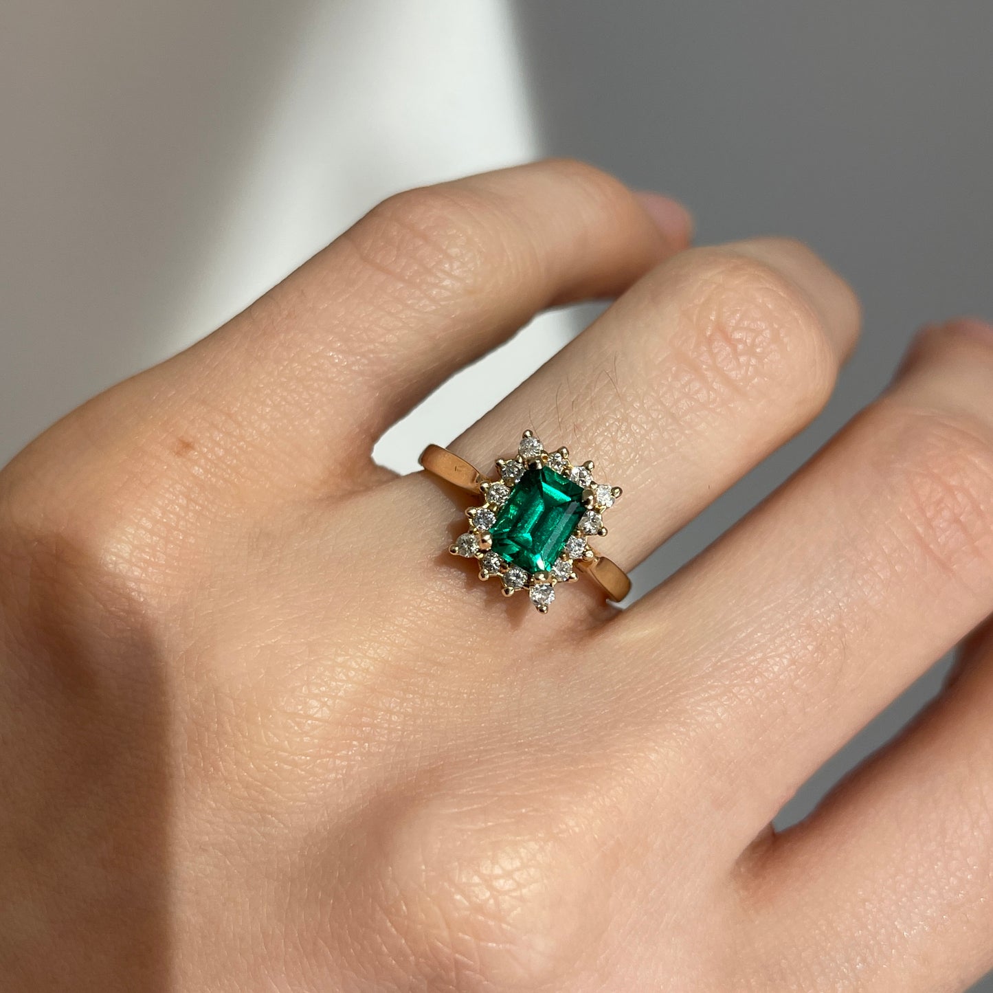 Estate 14KT Yellow Gold Emerald-Cut Lab Emerald + Diamond Halo Ring