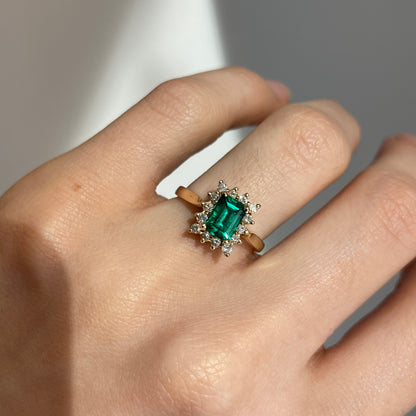 Estate 14KT Yellow Gold Emerald-Cut Lab Emerald + Diamond Halo Ring
