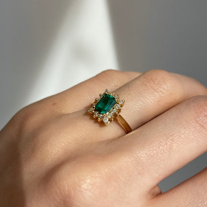 Estate 14KT Yellow Gold Emerald-Cut Lab Emerald + Diamond Halo Ring