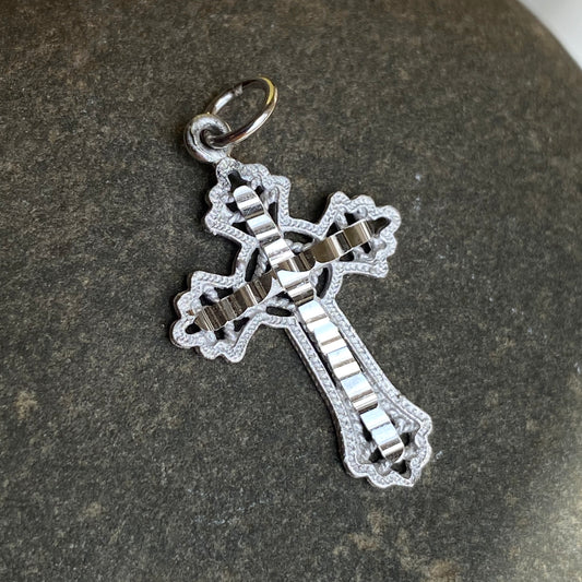 10KT White Gold Diamond-Cut Fancy Detailed Cross Pendant, 10KT White Gold Diamond-Cut Fancy Detailed Cross Pendant - Legacy Saint Jewelry