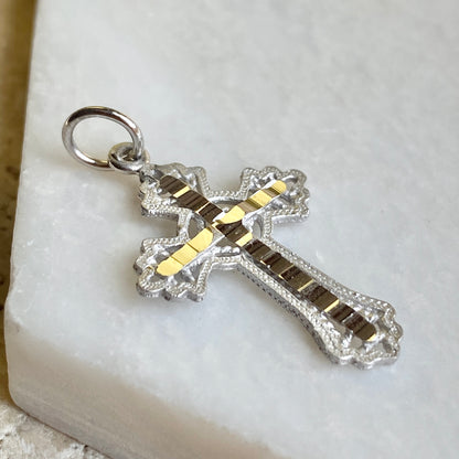 10KT White Gold Diamond-Cut Fancy Detailed Cross Pendant, 10KT White Gold Diamond-Cut Fancy Detailed Cross Pendant - Legacy Saint Jewelry