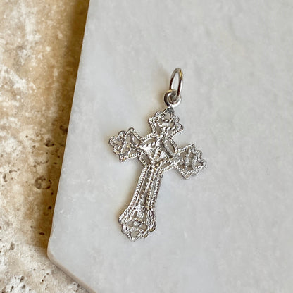 10KT White Gold Diamond-Cut Fancy Detailed Cross Pendant, 10KT White Gold Diamond-Cut Fancy Detailed Cross Pendant - Legacy Saint Jewelry