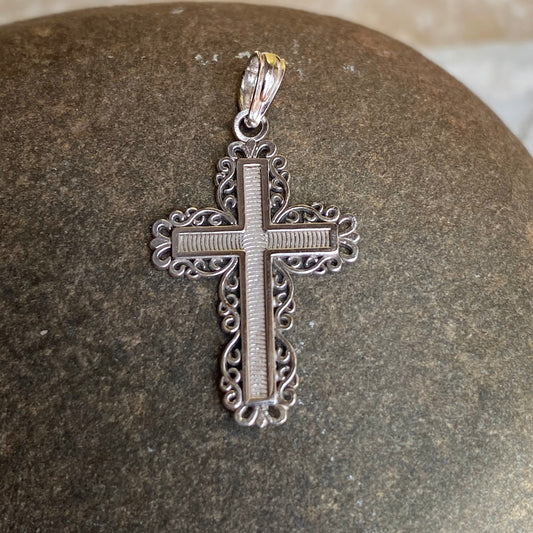 10KT White Gold Textured Lace Trim Cross Pendant, 10KT White Gold Textured Lace Trim Cross Pendant - Legacy Saint Jewelry