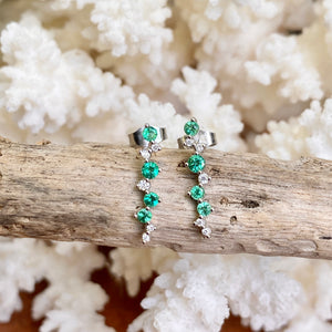 14KT White Gold Cascading Green Emerald + Diamond Post Earrings - Legacy Saint Jewelry