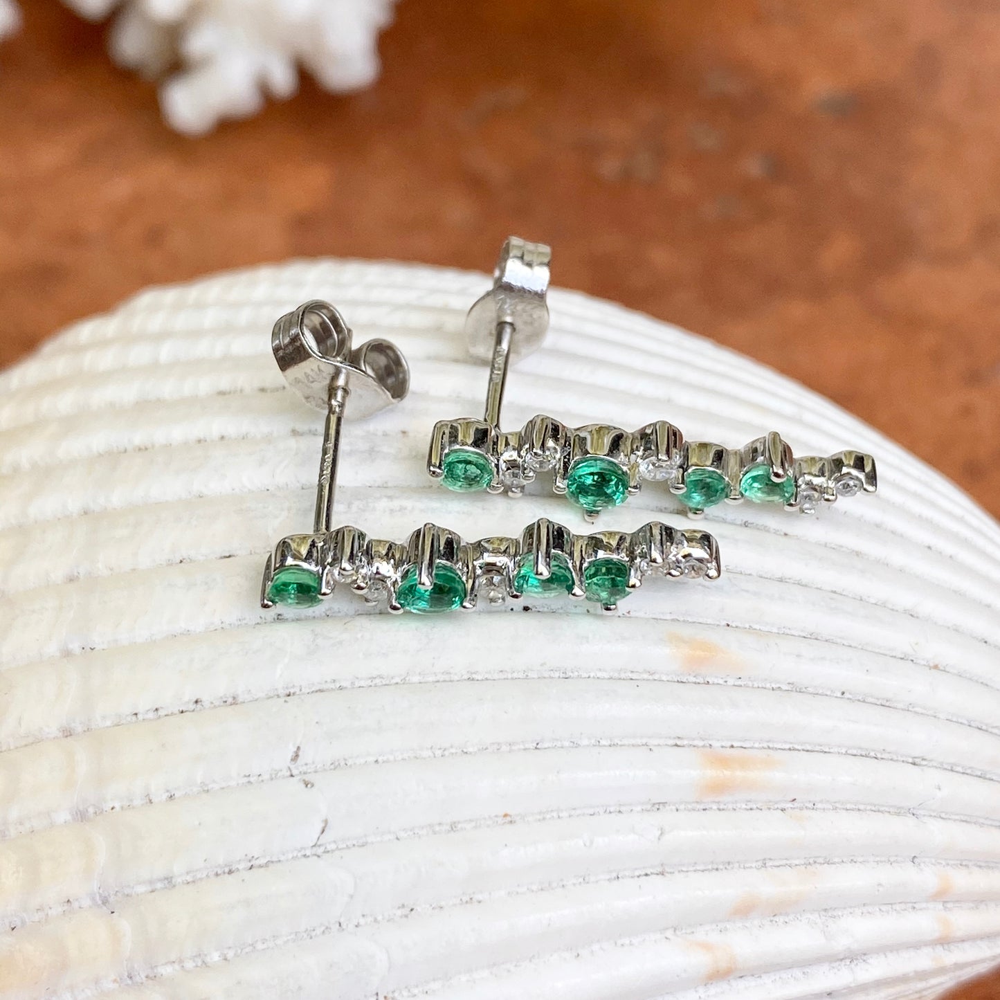 14KT White Gold Cascading Green Emerald + Diamond Post Earrings - Legacy Saint Jewelry