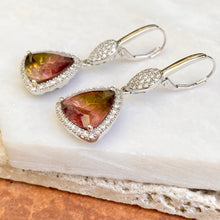 Load image into Gallery viewer, 14KT White Gold Pave Diamond + Bi-Color Trillion Tourmaline Lever Back Earrings - Legacy Saint Jewelry