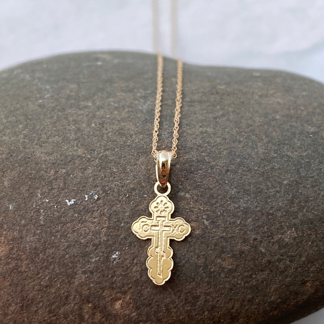 14KT Yellow Gold Detailed Mini Eastern Orthodox Pendant Chain Necklace, 14KT Yellow Gold Detailed Mini Eastern Orthodox Pendant Chain Necklace - Legacy Saint Jewelry
