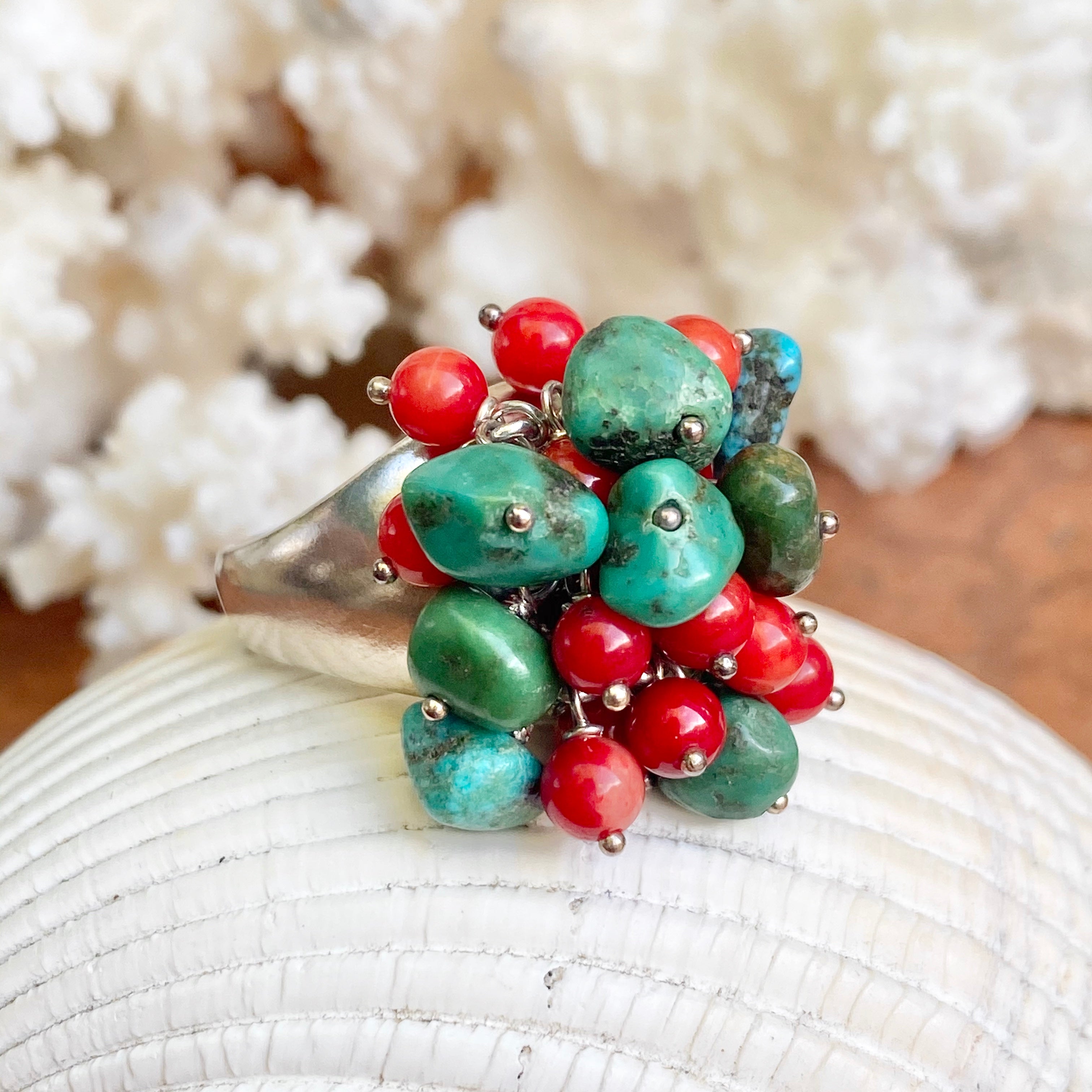 Turquoise and clearance red coral rings