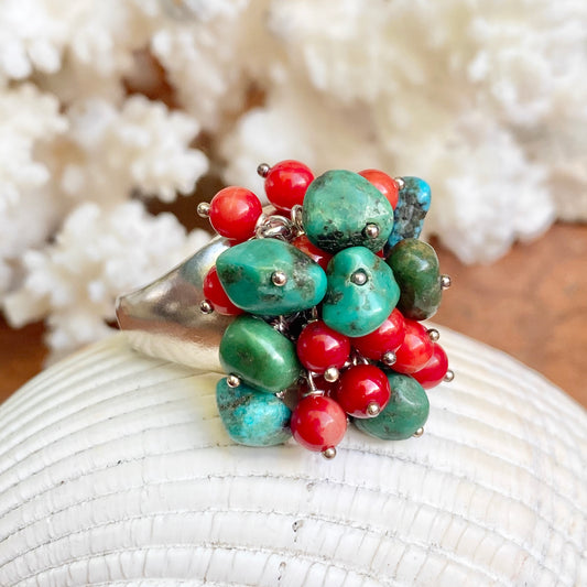 Sterling Silver Turquoise + Red Coral Bead Cluster Design Ring