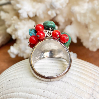 Sterling Silver Turquoise + Red Coral Bead Cluster Design Ring