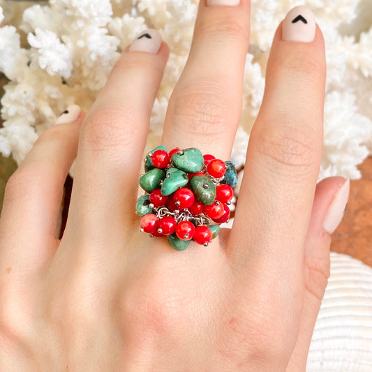 Sterling Silver Turquoise + Red Coral Bead Cluster Design Ring - LSJ