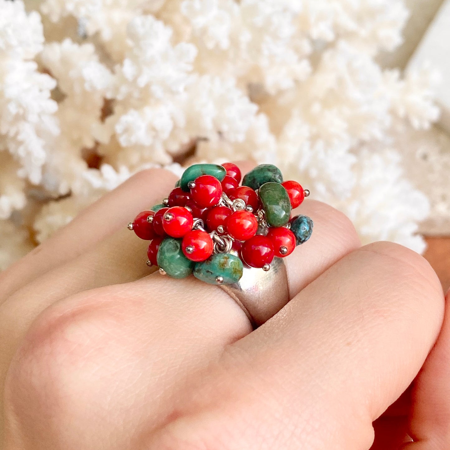 Sterling Silver Turquoise + Red Coral Bead Cluster Design Ring
