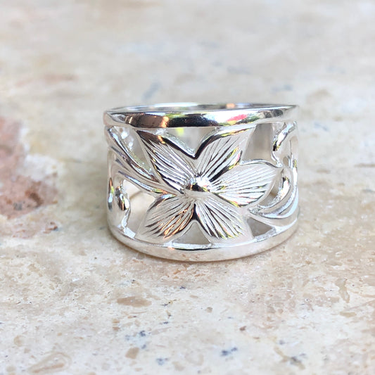 Sterling Silver Flower Cigar Band Ring, Sterling Silver Flower Cigar Band Ring - Legacy Saint Jewelry