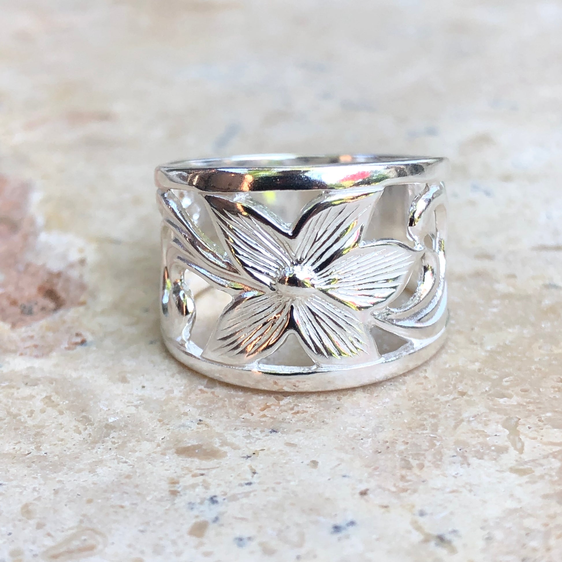 Sterling Silver Flower Cigar Band Ring, Sterling Silver Flower Cigar Band Ring - Legacy Saint Jewelry