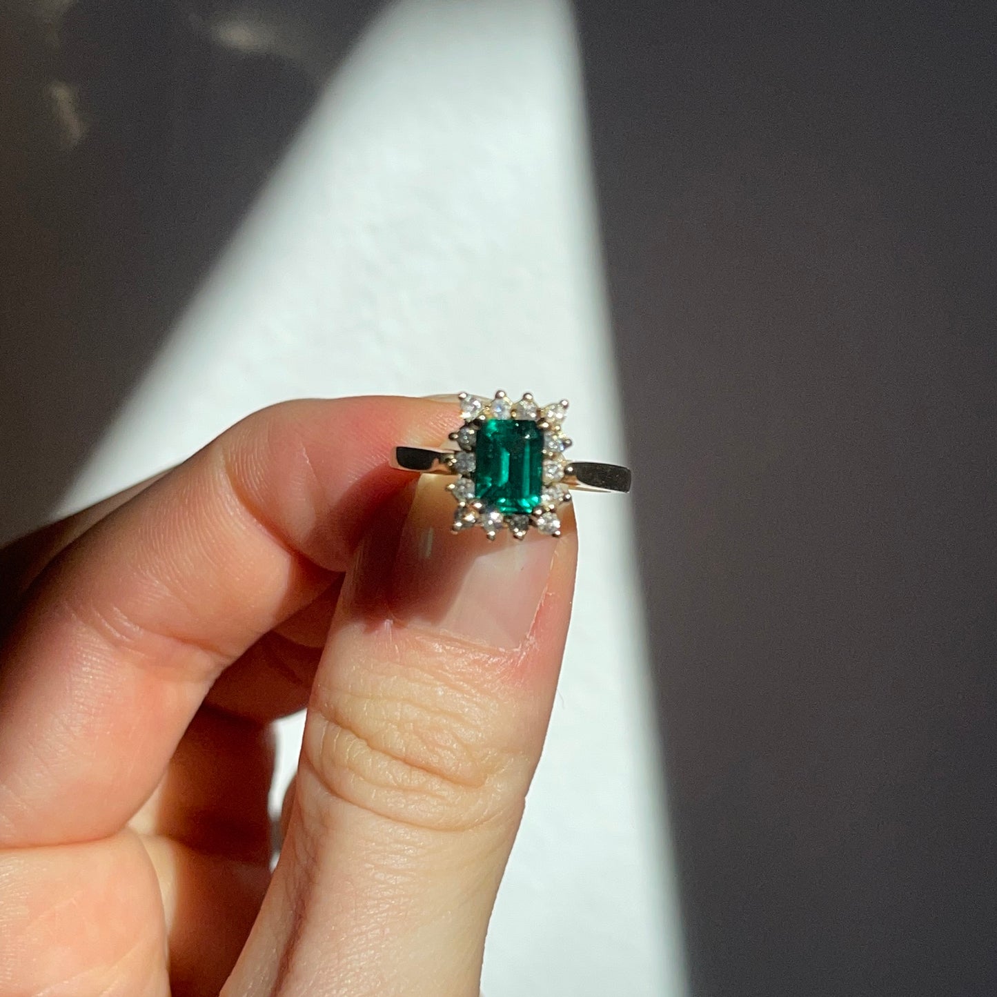 Estate 14KT Yellow Gold Emerald-Cut Lab Emerald + Diamond Halo Ring