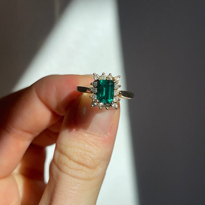 Estate 14KT Yellow Gold Emerald-Cut Lab Emerald + Diamond Halo Ring