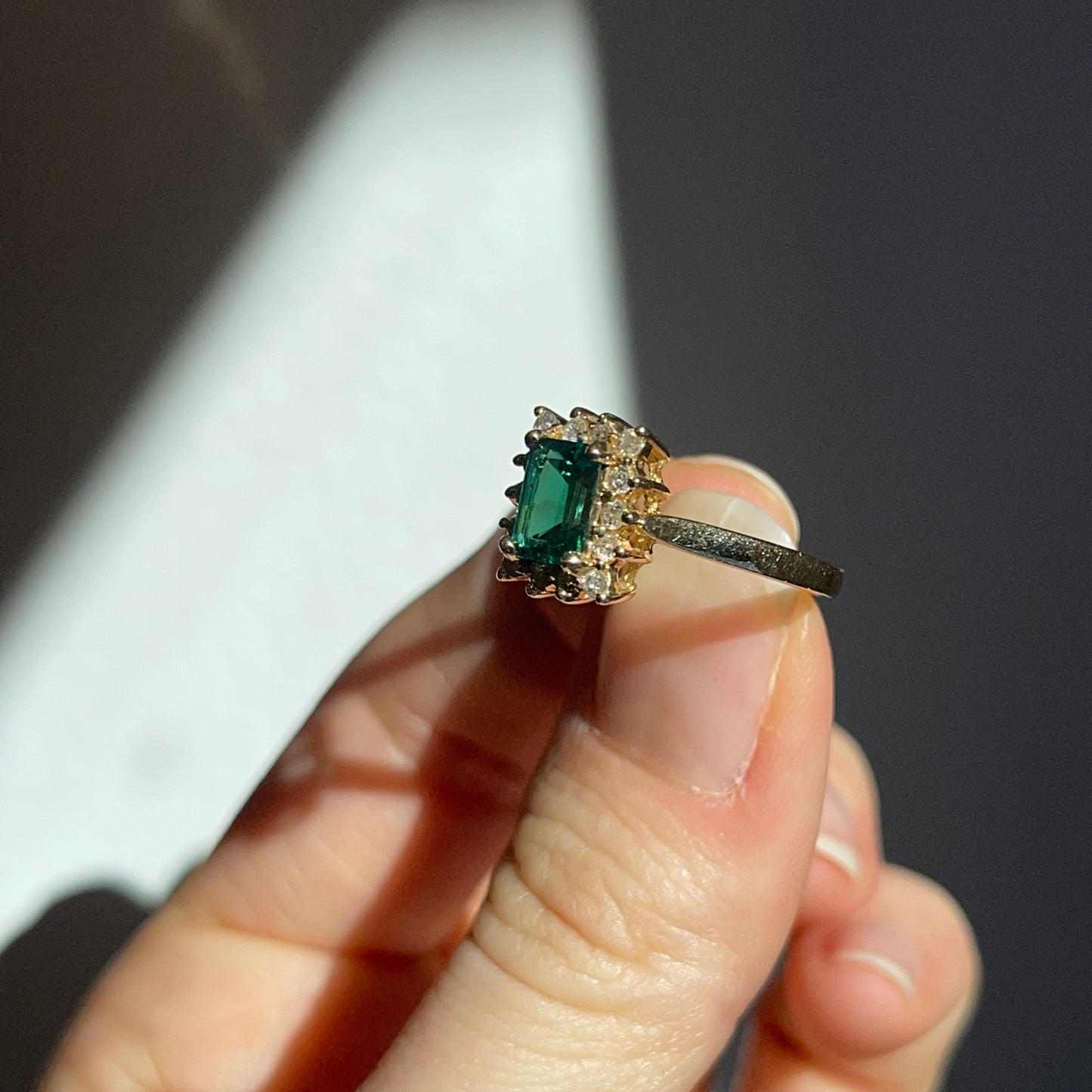 Estate 14KT Yellow Gold Emerald-Cut Lab Emerald + Diamond Halo Ring