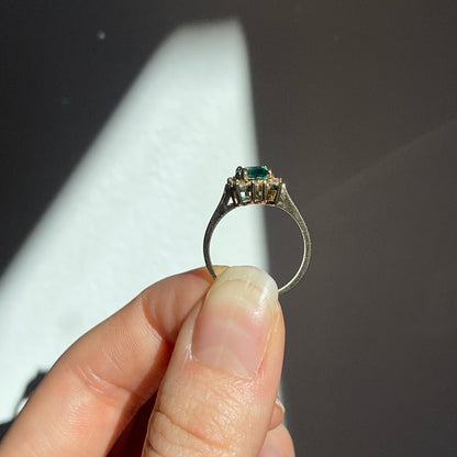 Estate 14KT Yellow Gold Emerald-Cut Lab Emerald + Diamond Halo Ring