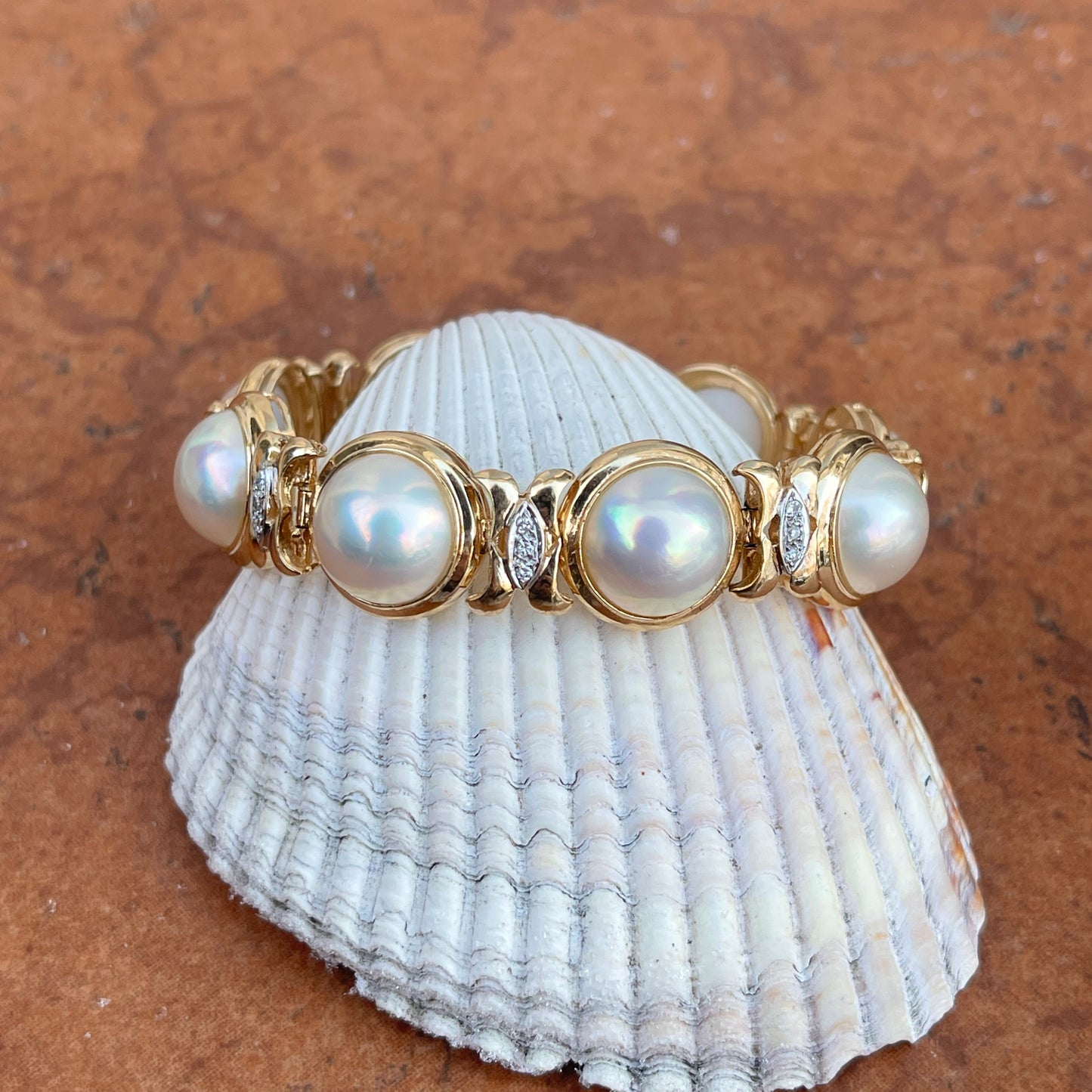 Estate 14KT Yellow Gold White Mabe Pearl + Pave Diamond Link Bracelet