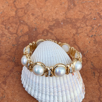 Estate 14KT Yellow Gold White Mabe Pearl + Pave Diamond Link Bracelet
