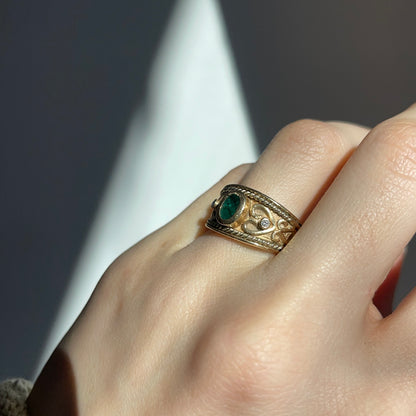 Estate 14KT Yellow Gold Byzantine Matte Emerald + Diamond Cigar Band Ring
