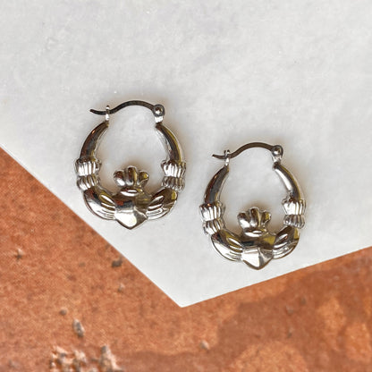 Sterling Silver Celtic Claddagh Hollow Small Hoop Earrings, Sterling Silver Celtic Claddagh Hollow Small Hoop Earrings - Legacy Saint Jewelry