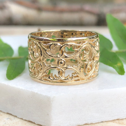 14KT Yellow Gold Filigree Floral Design Cigar Band Ring, 14KT Yellow Gold Filigree Floral Design Cigar Band Ring - Legacy Saint Jewelry