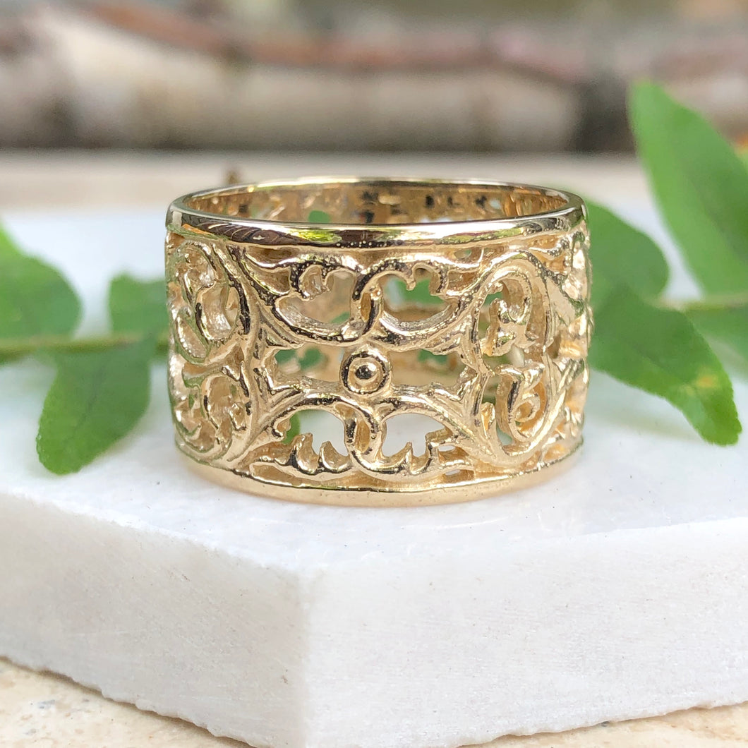 14KT Yellow Gold Filigree Floral Design Cigar Band Ring, 14KT Yellow Gold Filigree Floral Design Cigar Band Ring - Legacy Saint Jewelry