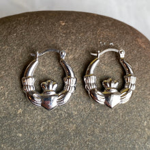 Load image into Gallery viewer, Sterling Silver Celtic Claddagh Hollow Small Hoop Earrings, Sterling Silver Celtic Claddagh Hollow Small Hoop Earrings - Legacy Saint Jewelry