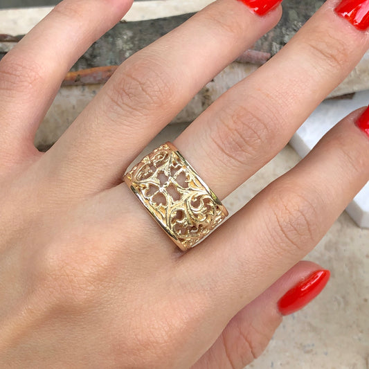 14KT Yellow Gold Filigree Floral Design Cigar Band Ring, 14KT Yellow Gold Filigree Floral Design Cigar Band Ring - Legacy Saint Jewelry