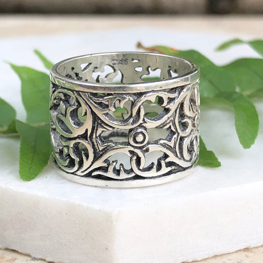Sterling Silver Filigree Floral Cigar Band Ring - Legacy Saint Jewelry