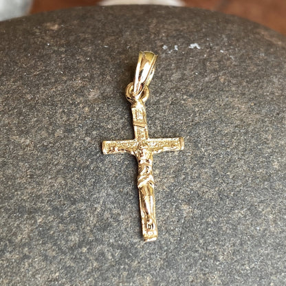 10KT Yellow Gold Mini 2D Textured Crucifix Cross Pendant Charm, 10KT Yellow Gold Mini 2D Textured Crucifix Cross Pendant Charm - Legacy Saint Jewelry