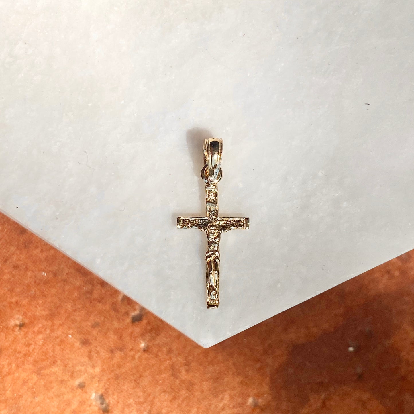 10KT Yellow Gold Mini 2D Textured Crucifix Cross Pendant Charm, 10KT Yellow Gold Mini 2D Textured Crucifix Cross Pendant Charm - Legacy Saint Jewelry