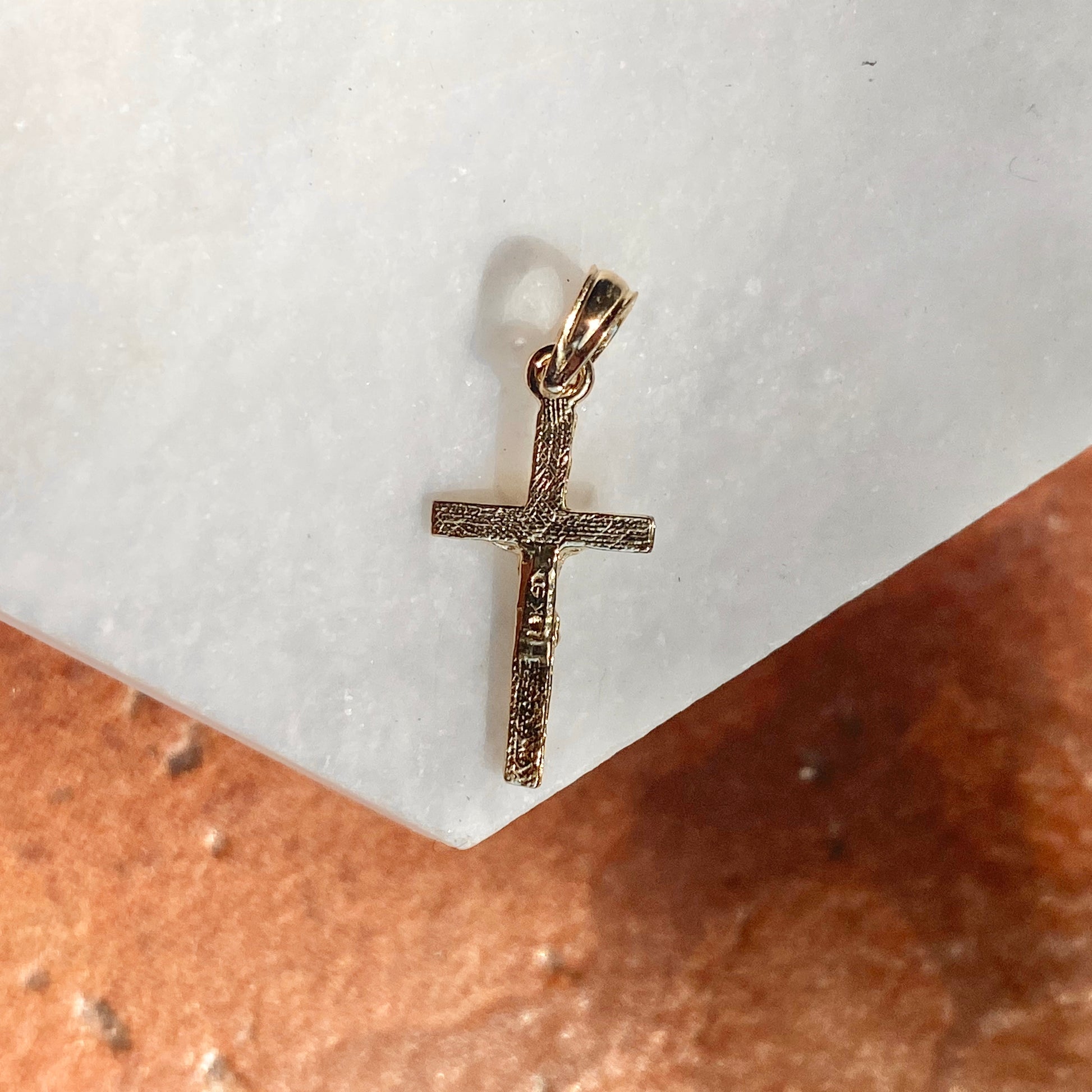 10KT Yellow Gold Mini 2D Textured Crucifix Cross Pendant Charm, 10KT Yellow Gold Mini 2D Textured Crucifix Cross Pendant Charm - Legacy Saint Jewelry