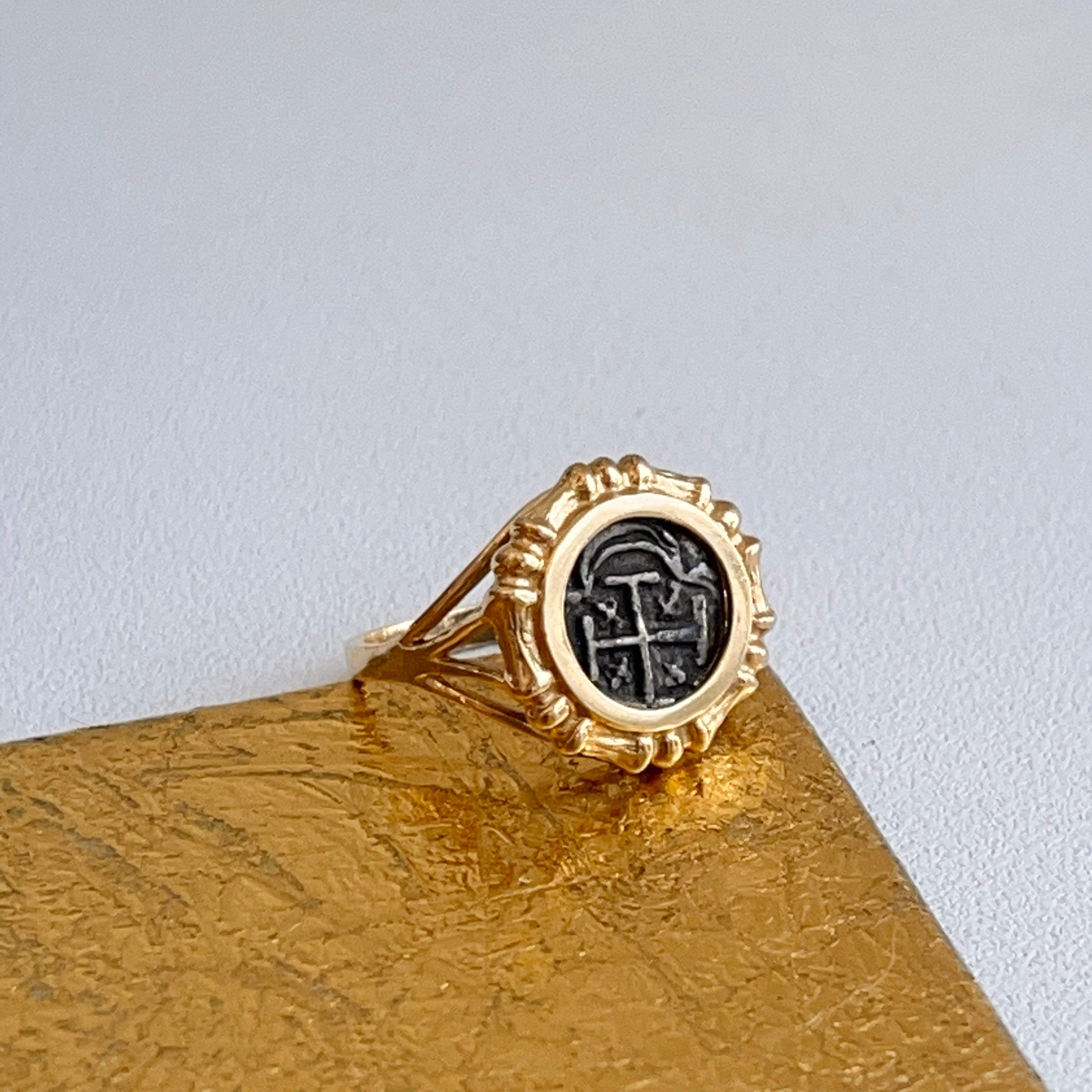 Estate 14KT Yellow Gold Bamboo Bezel Atocha Coin Ring LSJ