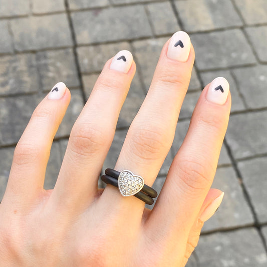 Estate Effy Designer 14KT White Gold Pave Diamond Heart + Black Rubber Ring