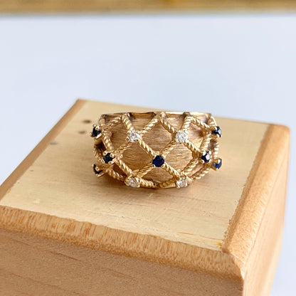 Estate 14KT Yellow Gold Domed Blue Sapphire + Diamond Basketweave Ring