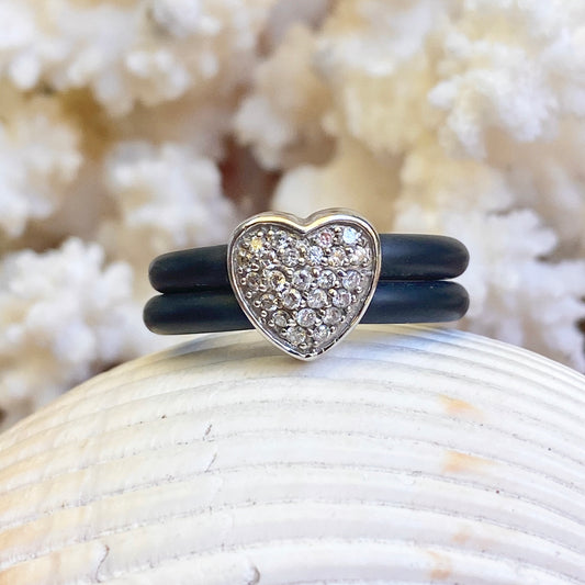 Estate Effy Designer 14KT White Gold Pave Diamond Heart + Black Rubber Ring