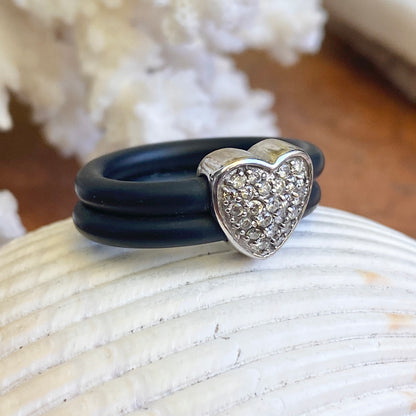 Estate Effy Designer 14KT White Gold Pave Diamond Heart + Black Rubber Ring