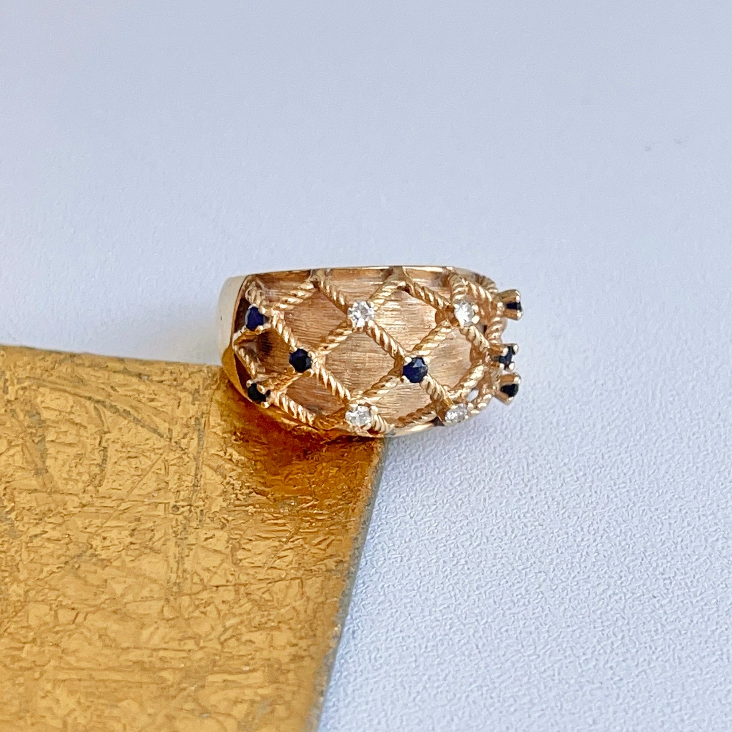 Estate 14KT Yellow Gold Domed Blue Sapphire + Diamond Basketweave Ring