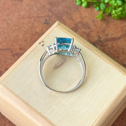 Estate 10KT White Gold Fantasy Cut Aqua Blue Topaz + Diamond Accent Ring