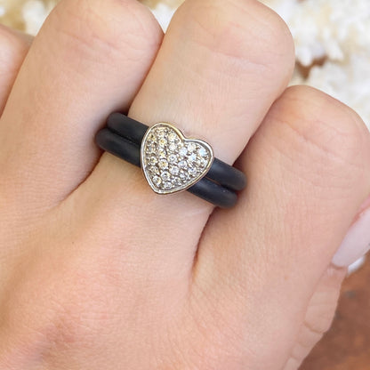 Estate Effy Designer 14KT White Gold Pave Diamond Heart + Black Rubber Ring