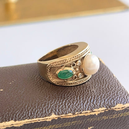 Estate 14KT Yellow Gold Byzantine Pearl, Emerald, + Diamond Ring