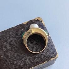Load image into Gallery viewer, Estate 14KT Yellow Gold Byzantine Pearl, Emerald, + Diamond Ring