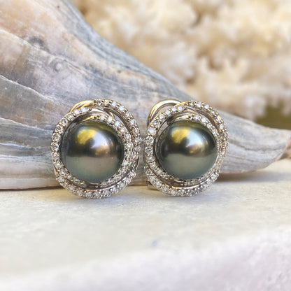 Estate 14KT White Gold Gray Tahitian Pearl + Pave Diamond Omega Back Earrings - Legacy Saint Jewelry