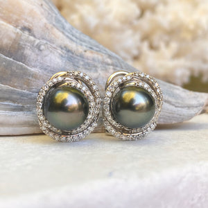 Estate 14KT White Gold Gray Tahitian Pearl + Pave Diamond Omega Back Earrings - Legacy Saint Jewelry