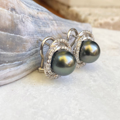 Estate 14KT White Gold Gray Tahitian Pearl + Pave Diamond Omega Back Earrings - Legacy Saint Jewelry